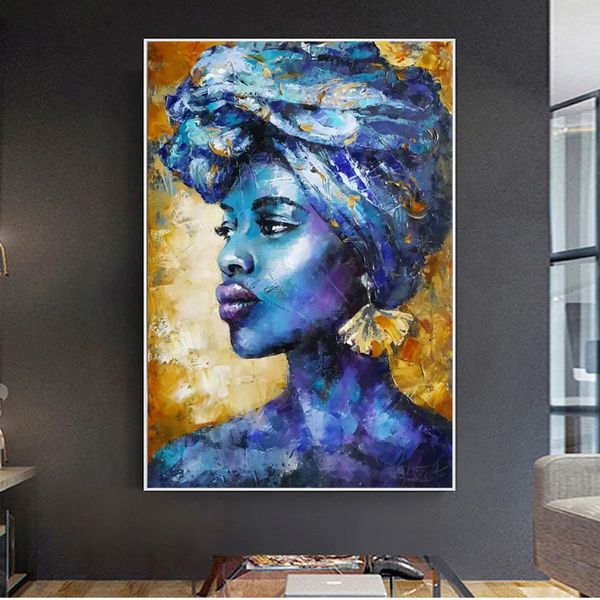 Impressões modernas abstrata azul africano Africana Canvas Pintura a óleo na parede Poster retrato retrato para decoração da sala de estar Cuadros sem moldura