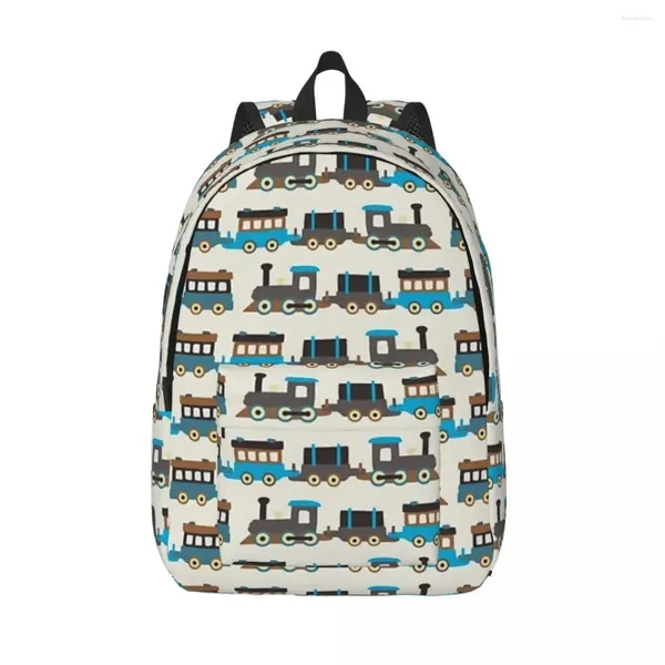 Rucksack blau -braun und braune Holzspielzeugzug Frau Rucksäcke Jungen Mädchen Bookbag Fashion Umhängetasche Tragbarkeit Reise Rucksack Schultaschen