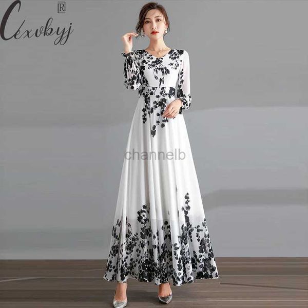 Basic Casual Kleider Tinte Print Langes Kleid Frauen Frühling Sommer Langarm Elegantes Kleid Lose übergroßer Chiffon Rundhals Hals Urlaub Strand Vestidos 240419