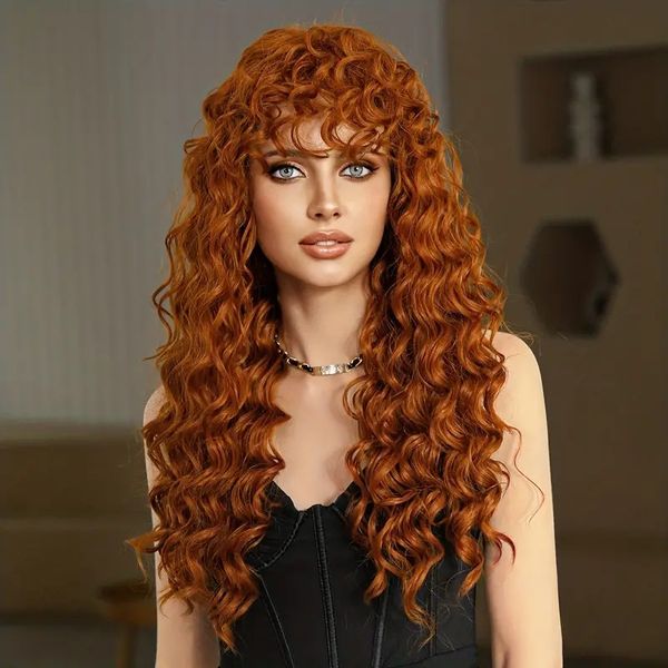 2024 Alta qualidade 24 polegadas Qi Bangs Wigs Hot Sale Orange Small Wavy Hair Wavy Chinete Europa Europa América Moda America