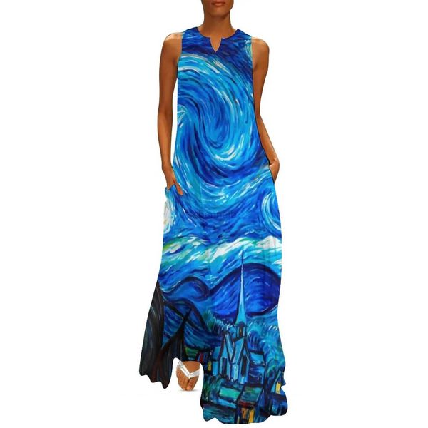 Basic Casual Kleider Vincent van Gogh Kleider Sternennacht Geschenke Moderne Maxi -Kleider Fashion Böhmen Lange Kleider Frauen gegen Nackenmuster übergroße Vestido 240419