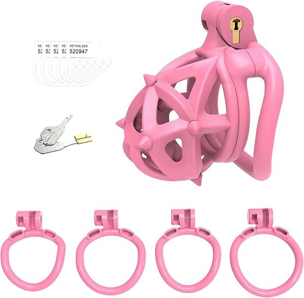 Ventilazione CB Castity Cage Set con 4 anelli di gallo e picchi morbidi a doppia estremità in resina in resina in resina riga di sesso per adulti Dispositivi di trainer BDSM BDSM per uomini (anello a corto arco, rosa)