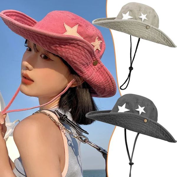 Y2K Pink Star Wild Wild Western Cowboy Caps Unissex Desenho String Size Tamanho Adulto Moda Trendy Jenim Chapéu Ajustado para Mulheres 240419