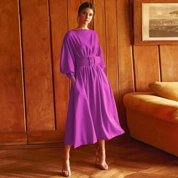 Abiti casual 2024 Runway Spring Purple Purple Batwing Abito da donna di alta qualità Donne rotonde Collar Ledies Office Midi Abiti con cintura