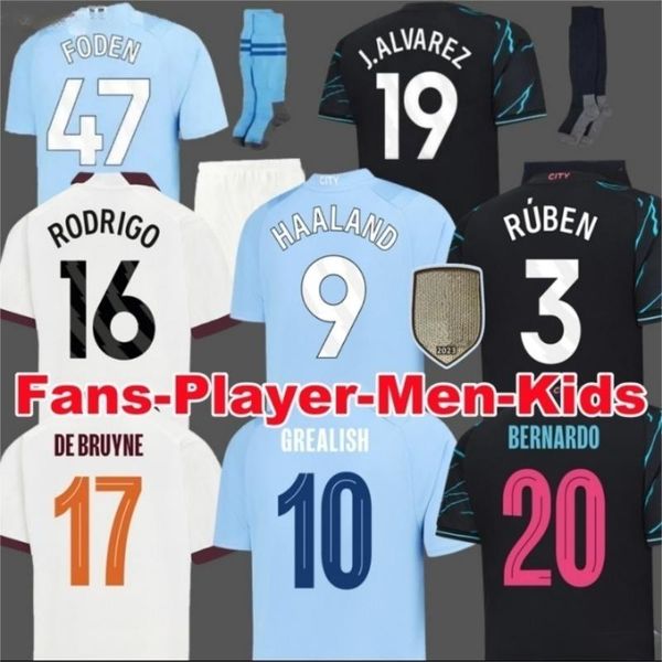 Haaland Soccer Jersey de Bruyne Grealish Mans Cities Sterling Mahrez Foden Fãs Jogador Versão 2023 2024 Tops de futebol Camisa Kit Kit Sets Equipment