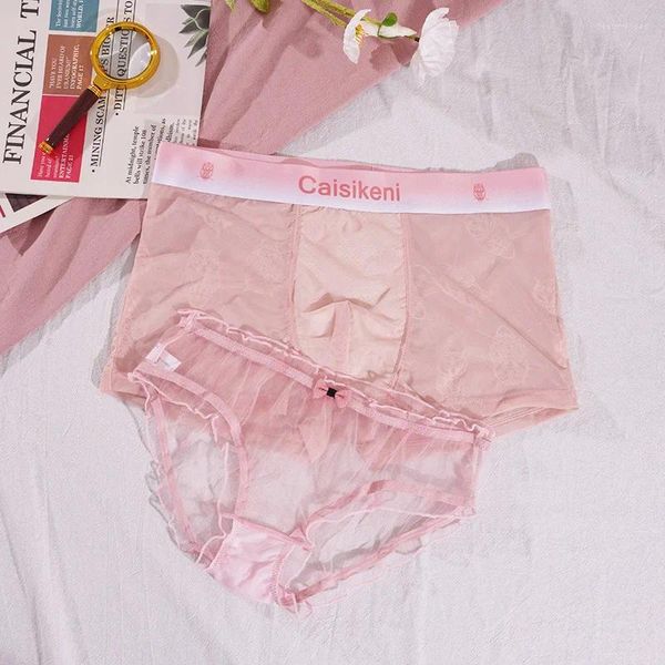 MUITAS PONTAS Coloque calcinha um homem e mulher Sexy Pure Desejo o mesmo estilo Vento de vento de renda de renda gelo seda rosa string femme