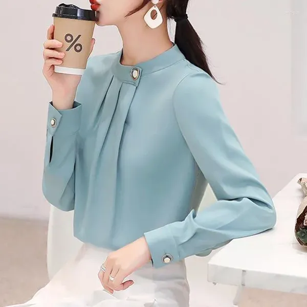 Kadın bluzları fırfırlı şık şık stant yakalı ofis bayan gömlek Kore moda katı uzun kollu iş rahat üst bluz kadınlar e739