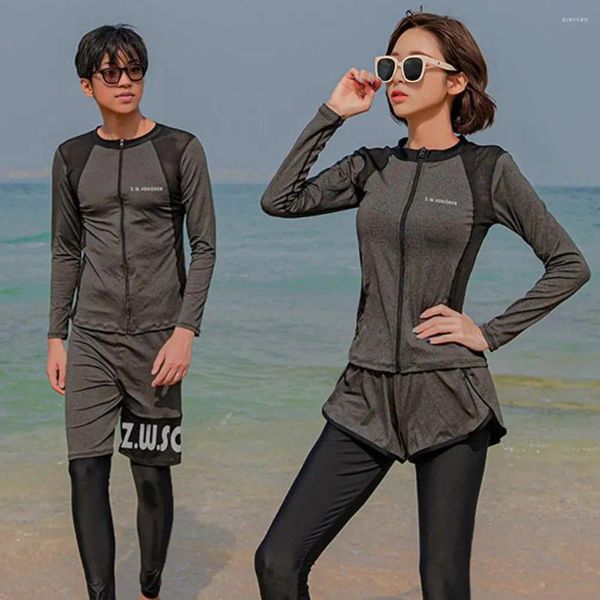 Damenbadebekleidung Ehepaar Badeanzug Unisex Langarm Set mit Reißverschlussverschluss obere Knielänge Shorts zum Surfen zum Surfen