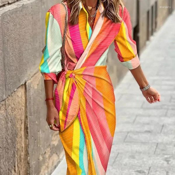 Abiti casual Primavera Summer Stampa Vestitido Tracca Cravatta Cravatta a strisce a medio Lunghezza Street Women Robe