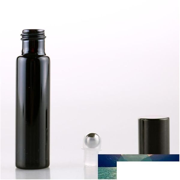 Bottiglie di imballaggio all'ingrosso 1000pcs/lotto da 10 ml di vetro ricaricabile vuoto nero da 10 ml per rollio su bottiglia con sfera a rulli in acciaio inossidabile