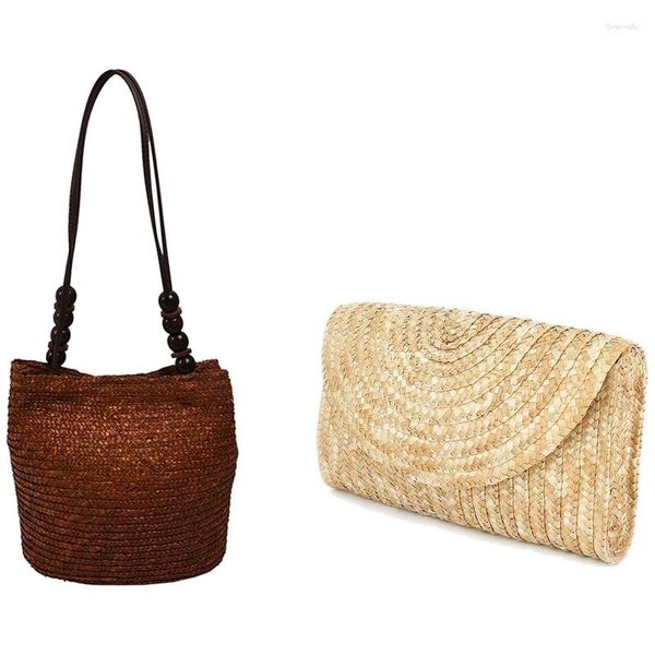 Bolsas de ombro 2 PCS Bolsas de embreagem de palha para mulheres bolsas de praia de verão 28 x 18 5cm 26 25cm