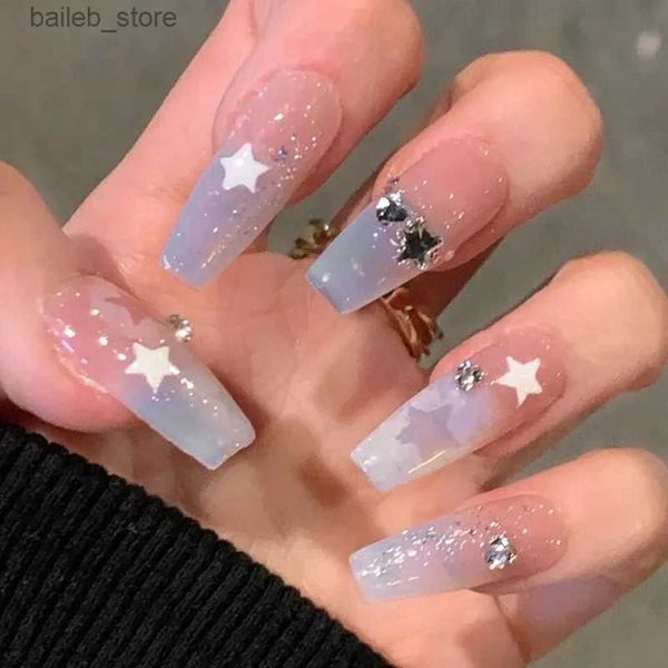 False unhas 24pcs Design de estrela Dicas de unhas falsas Ballerina longa e vestível Falsa unhas Glitter Blue French Cover Press