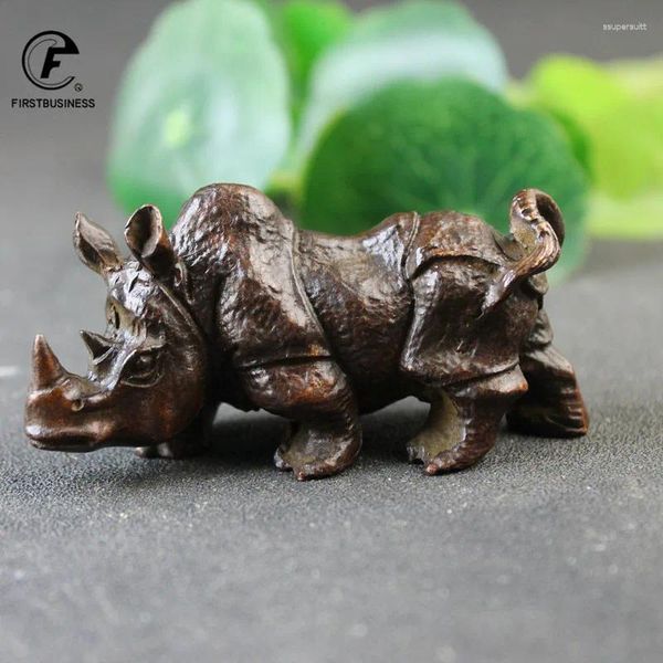 Estatuetas decorativas grandes cobre puro rinoceronte fofo miniaturas miniaturas sólidas vintage rhino ornamentos de chá animais de estimação decorações de mesa