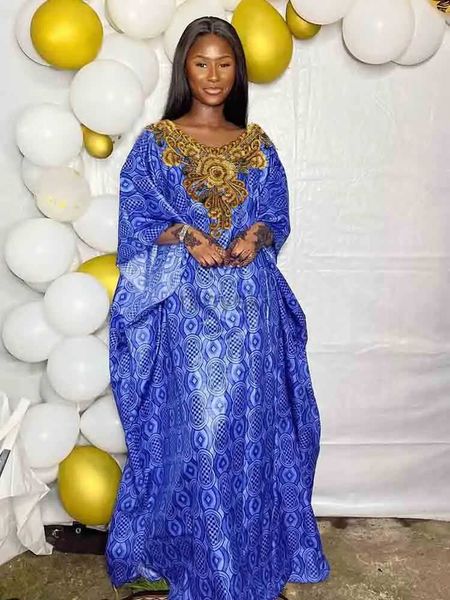 Abbigliamento etnico blu richi africano ankara donne tradizionali abbigliamento per feste di nozze dashiki abito ricamato broccato lungo dreesi guipure d240419