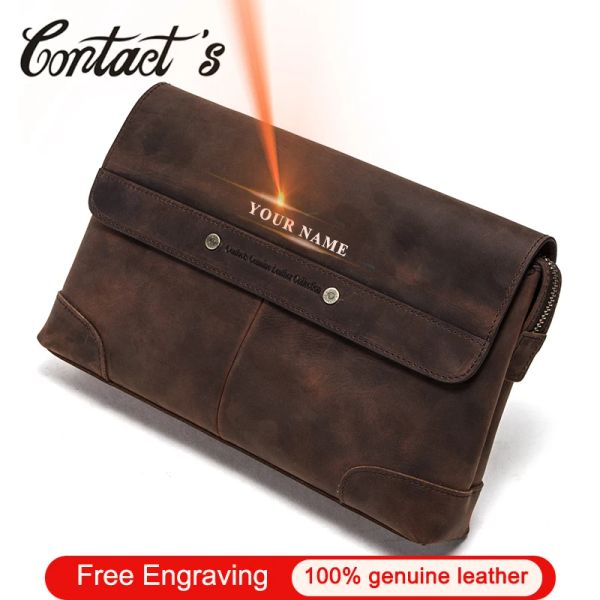 Brieftaschen Contact's Free Gravur Crazy Horse Leder Männer Brieftet Vintage Long Clutch Bag Geschenk männlicher Reisen Walets Münzversand Kartenhalter