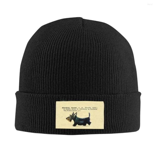 Berets Berets Scottie Dog Dictionary Art Schädel Mützenkappen für Männer Frauen Trend Winter Warm gestrickter Hut Erwachsene schottische Terrier Motorhaube