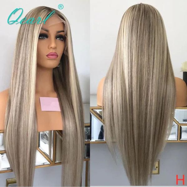 Perücken Ashblonde Highlights Spitze Perücken transparent Voller Spitzen -Vor -Perücke menschliches Haar für Frauen Knochen gerade natürliche echte Spitzenfront -Perücke Q