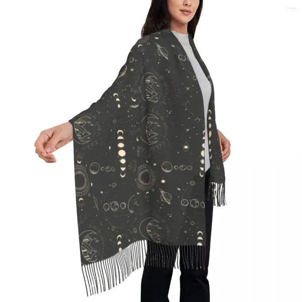 Schals weiblicher Schal Halten Sie warmes Symbol Zodiac Kopfbewegung mit Quasten Vintage Sun Moon Shawl Wraps Herbst Grafik Bandana