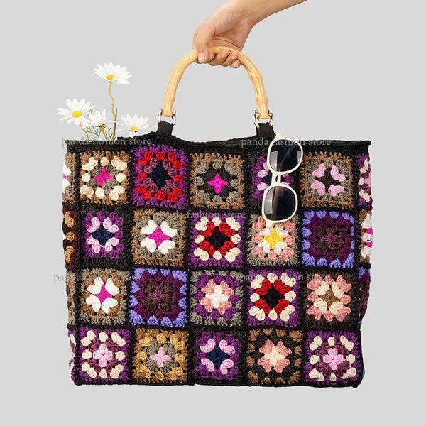 2024 avó colorida saco de tecido xadrez, bolsa de crochê de algodão artesanal feminina, bolsa de ombro de bambu, bolsa feminina bolsa