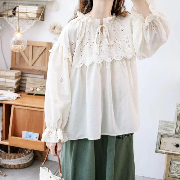 Blouses femininas 120 cm Busto primavera Summer Mulheres Japão estilo doce Mori kei meninas soltas bordadas de algodão confortável/blusas