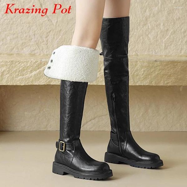 Botas Krazing Pot Cow Coz de pele de pêlo redondo de pé de inverno Quente salto Med Saltos zíper Gladiator Metal Fuckle Thel High