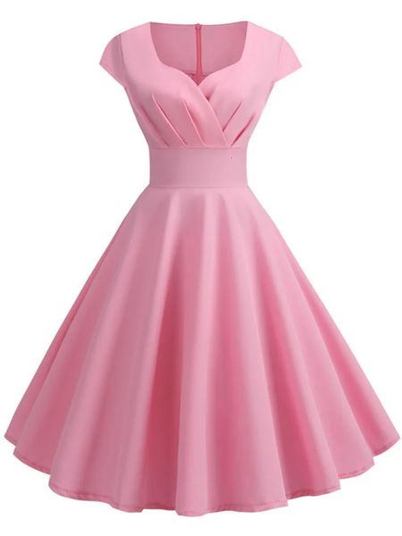 Розовое летнее платье Women v Neck Vintage Hoot Elegant Retro Pin Pin Up Party Office Midi платья 240419