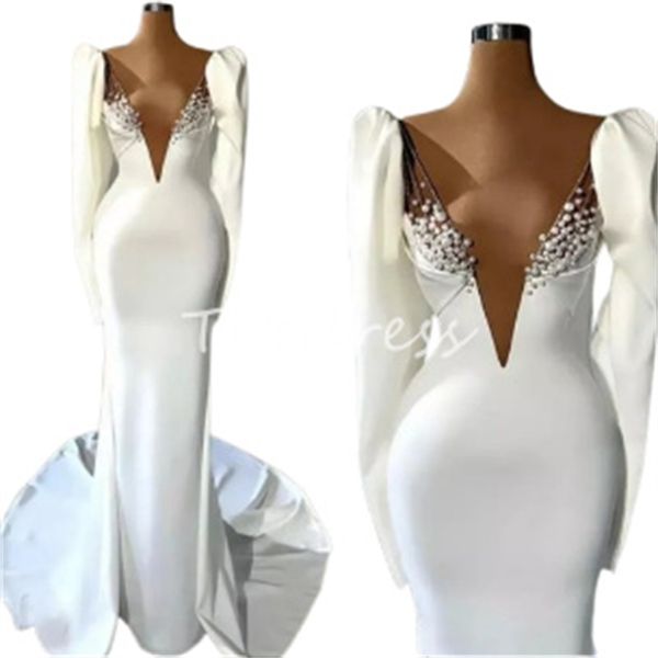 Moderne Satin Pearl Meerjungfrau Brautkleider 2024 Stecker Langarm Boho Hochzeitskleid Elegante Sommer Beach Country Brautkleider Frauen Robe de Mariage Mitte gemacht