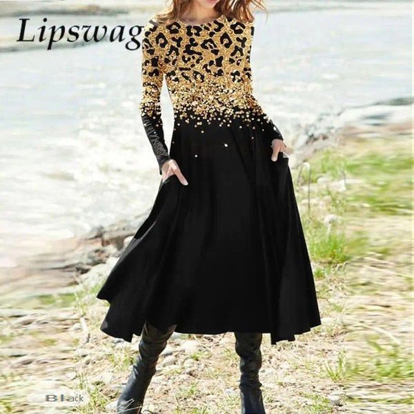 Lässige Kleider Retro Gold Gradienten glänzender Leopardenmuster Partykleid Frauen O Hals A-Line Female Langarm Lose Pullover