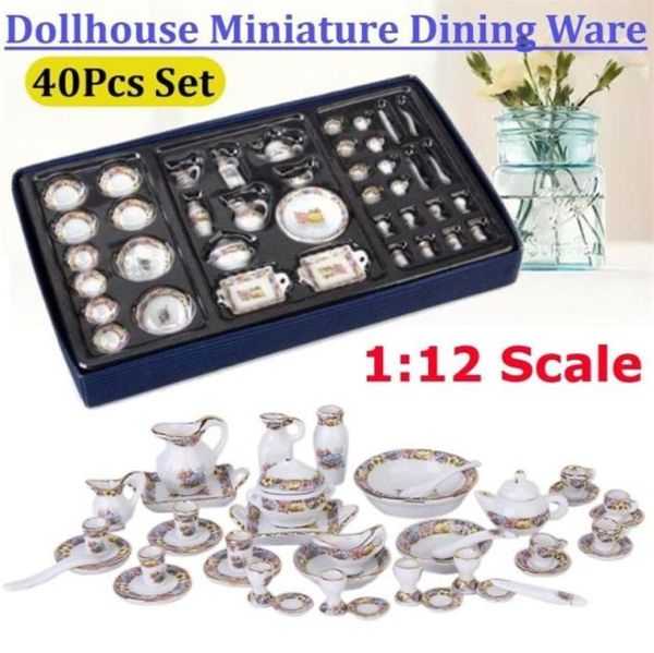 40PCS Dollouse Miniature Dining Ware Porcelain Tea Conjunto de prato Copo da tigela Móveis Toy Toy Gream