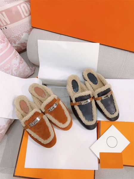 Slipper Herumn Winter Offizielle Website Lederfell integrierter Kokus flacher Bodenschnalle Müller -Schuhe halb