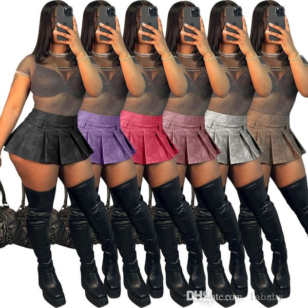 Streetwear Womens Mini Etek 2024 İlkbahar Yaz Elbise Deri Seksi Düz Renk Fermuar Pileli Kısa Etekler Günlük Kıyafetler