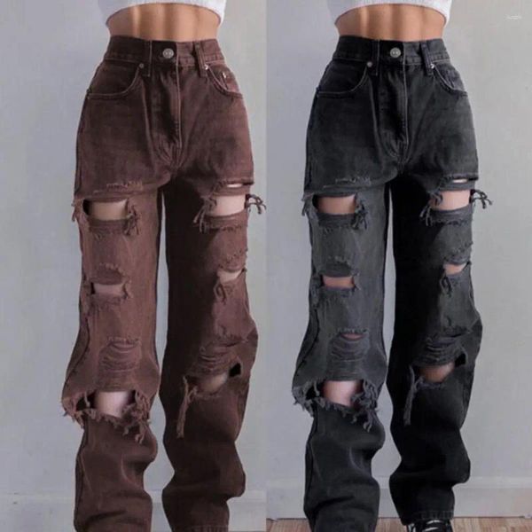 Frauenhose Schwarz zerrissene Jeans mit hoher Taille für Frauen Vintage Kleidung Mode gerade Jeanshose Streetwear Hole Hip Hop Hose