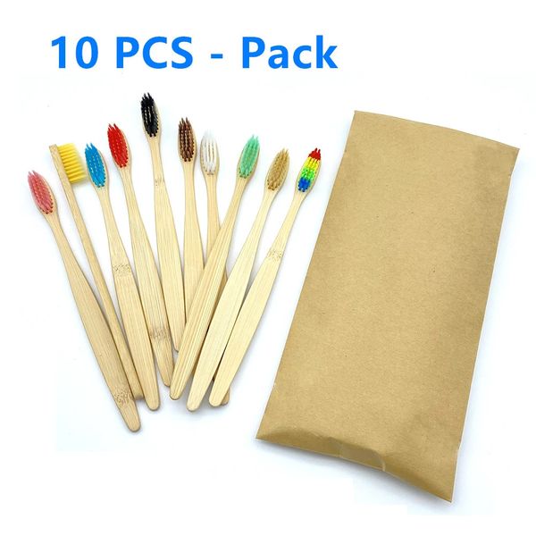 10pc Eco-bambu amigável escova de dentes cerdas macias Cuidados biodegradáveis Cuidados orais sem plástico Adultos Bracete de bambu de dentes 240419