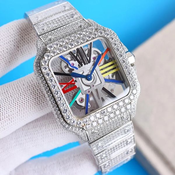 Homens de 39,8 mm de diamante oca de diamante relógios de luxo de vida a aço inoxidável de aço inoxidável