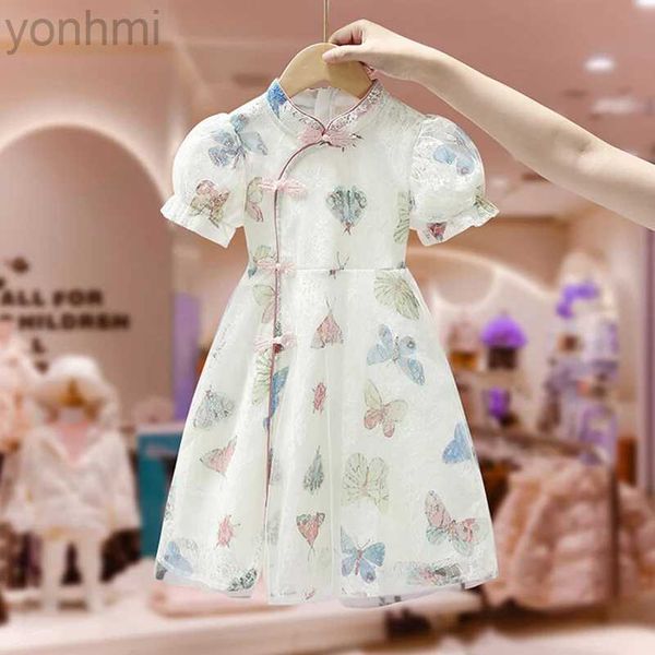 Mädchenkleider Girls Girls Summer Butterfly Print Kleid Hanfu Childrens Prinzessin Kleid 5-10 Alter Baby Gir Freizeitkleidung D240419