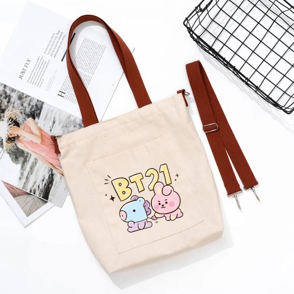 Taschen 2022 BT21 Leinwand Handtasche Baby Kpop Mädchen Umhängetasche Großer Raum Outdoor Reisetasche Kawaii Modeeinkaufstasche für Mädchen