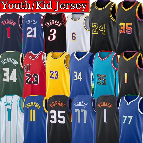 Jersey de basquete personalizada de costura LeBron 6 James 23 Bryant Stephen Curry Michael Bird Durant Iverson Butler Embiid Giannis Antetokounmpo Jersey Youth