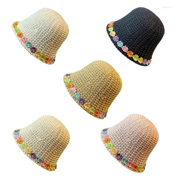 Berets Summer Spring Crochet Bucket Hat Женщина поезжает на кемпинг, принимая PO ручной дискету с цветочными наклейками для девушки