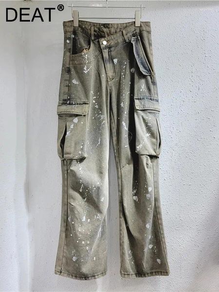 Женские джинсы Vintage Washed Silver Link Asymmetric Leake Taiste Denim Denim Pants 2024 Осенняя мода 29L3968