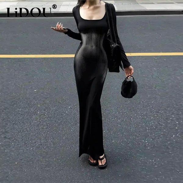 Abiti casual Spring Autumn Square Collar Sexy Fashion BodyCon Dress Maxi Abito femmina Sleeve Long Slip Black Robe Ladies Elegant Vestidos De