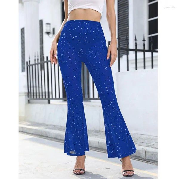 Frauenhose Y2K Sommer sexy Pailletten Frauen hohe Taille 2024 Blau schiere Bein Damen Slim Beach Shiny Hosen Chic Flare Chic Flare