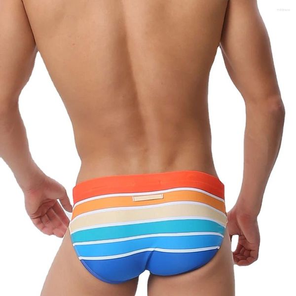 Roupa de banho feminina listras coloridas masculinas Briefas de natação sexy 2024 bolsa almofada masculina nando de troncos praia surf banhado esporte desgaste homem maiô