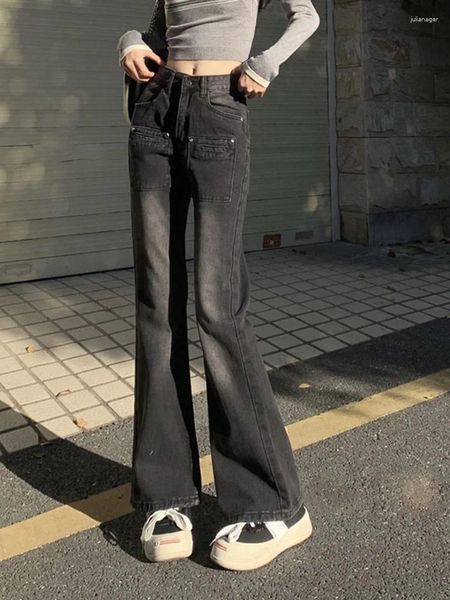 Jeans femininos Yitimuceng Black Woman Wide Leg -Pants Moda Fashion Streetwear Autumn Winter Slim Flare Length Y2K