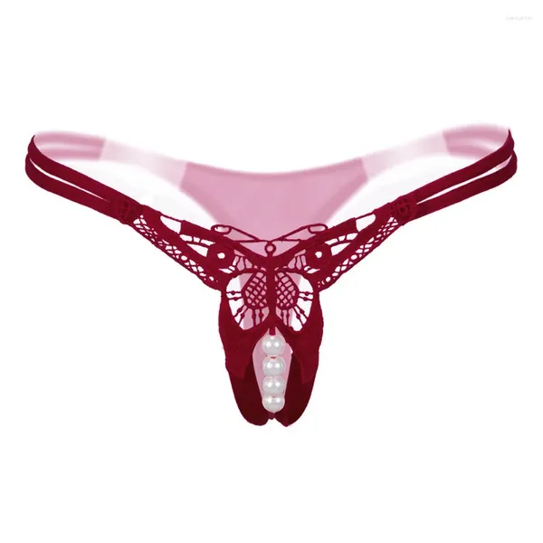 Kadın Panties iç çamaşırı işlemeli içi boş kelebek seksi düşük bel külotları açık kesilmiş inci masajı uzun tanga erotik iç çamaşırı kadınlar için