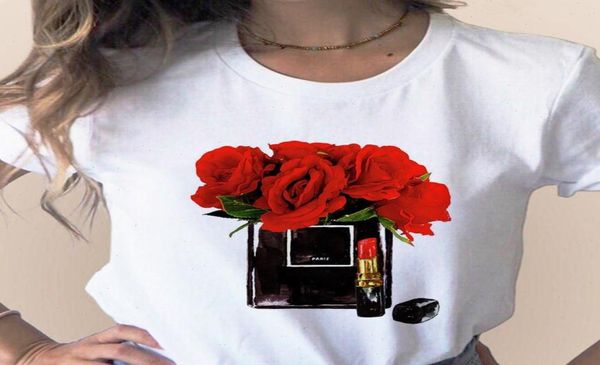 Frauen Kleidung Drucken Blume Tee Parfüm Flasche süßes kurzarm bedrucktes Hemd T -Shirt Top Casual Woman5490171