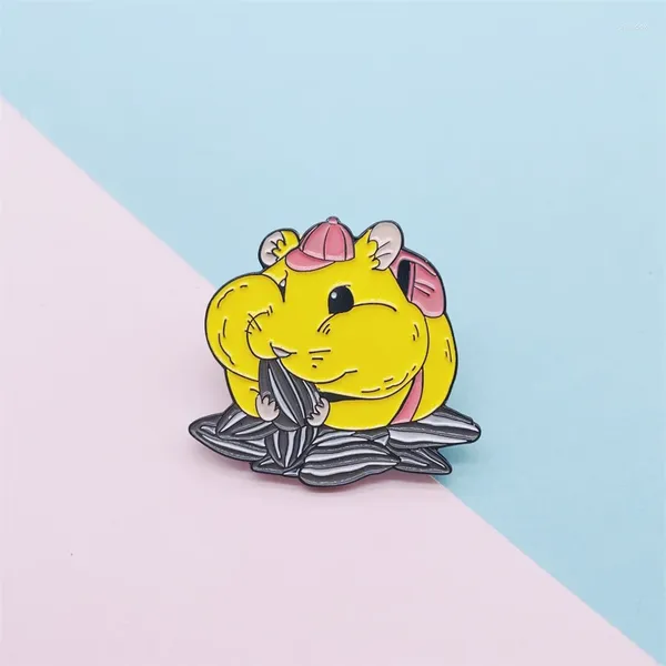 Broches desenho animado Animal fofo rato com rato comendo sementes de girassol Broche de esmalte Pinos de liga amarela CLIME