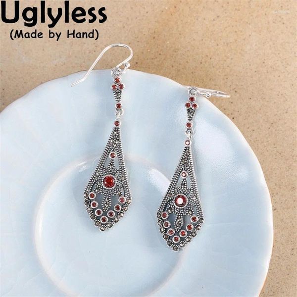 Orecchini penzolanti Uglyless Hollow Drop Rhombus for Women Mini Garnet Thai Silver Exotic Brincos 925 Gioielli di moda