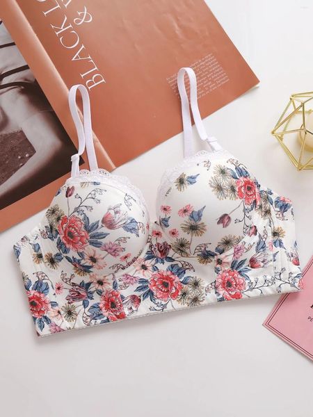 BRAS SEXY iç çamaşırı kadın push up sütyen ile çelik halka çiçek baskılı brassiere 3/4 fincan moda ve güzel kadın iç çamaşırı