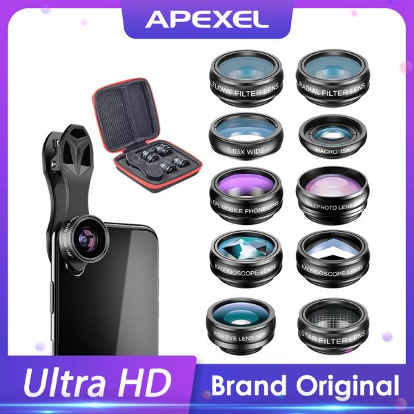 Teleskoplar Apexel 10 In 1 Telefon Kamera Lens Kiti Fisheye Geniş Açılı Makro Lens CPL Filtresi Kaleidoskop ve Akıllı Telefonlar İçin 2x Teleskop lensi