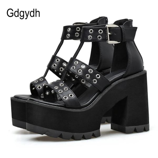 Sandali gdgydh scarpe da rivetta sexy donna per festa rock stile blakc bloccano piattaforma sandali donne con cerniera estate gladiatore